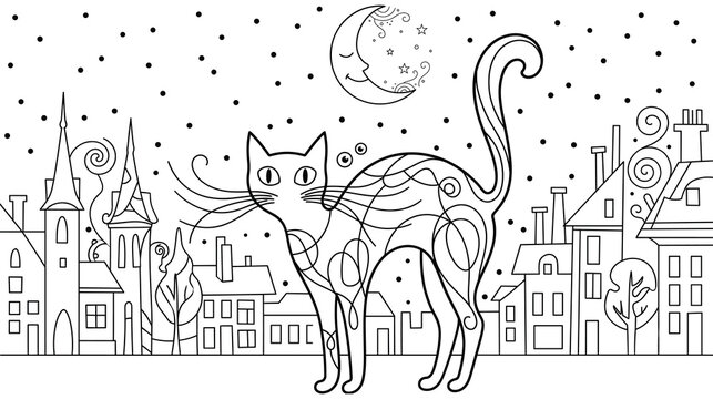 Abstract cat silhouette over night city skyline line art illustration for coloring page.