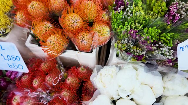 Orange Pincushion Protea and Mixed Bouquets at Bangkok Flower Market