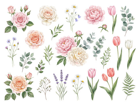Watercolor pink roses peonies tulips and eucalyptus leaves botanical clipart collection with watercolor eucalyptus botanical collection
