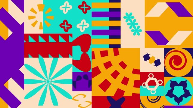 Abstract geometric motion background with colorful shapes and vibrant patterns.