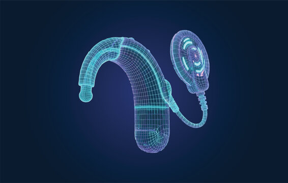 Polygonal wireframe cochlear implant hearing aid medical auditory electronic device vector illustration on a dark blue background