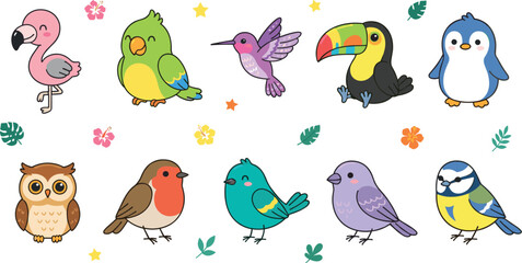 Naklejka premium Colorful Bird Character Collection with Tropical Birds, Cute Cartoon Wildlife Illustrations and Exotic Animal Vector Set for Kids Designs