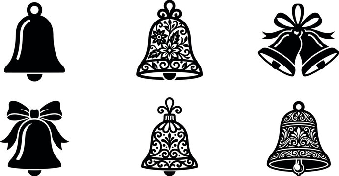 Christmas holiday bells silhouette icons vector set featuring ornate floral filigree patterns classic handbells and decorative ribbon bows.