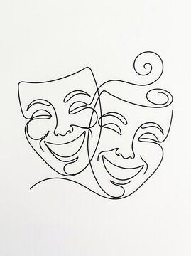 Minimalist Continuous Line Art of Two Smiling Comedy Theater Masks on White Background