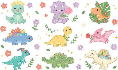 Obraz premium Cute Dinosaur Flower Collection with Kawaii Prehistoric Animals, Floral Decorations and Fantasy Character Illustrations for Kids Designs