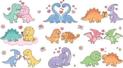 Obraz premium Cute Dinosaur Couple Love Collection with Romantic Hearts, Gift and Flower Elements, Kawaii Prehistoric Animal Character Vector Illustrations