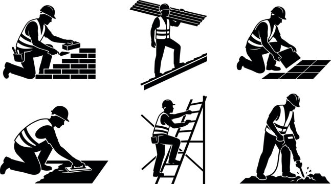 Construction worker icon set featuring builders laying bricks tiling roofing flooring climbing ladders and operating a heavy jackhammer vector