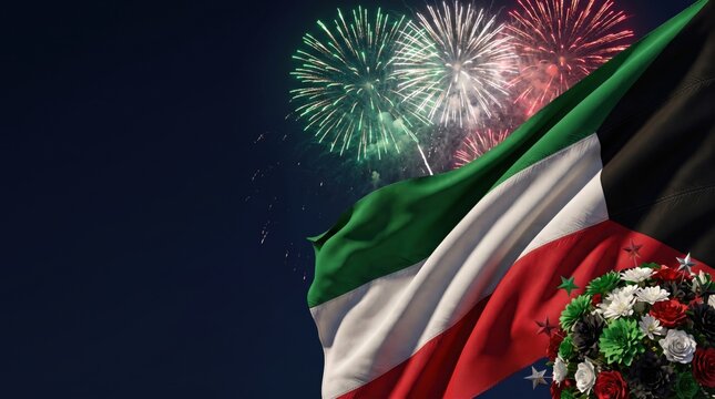 Waving flag of kuwait against a dark night sky with exploding green, white, and red fireworks, accompanied by a bouquet of flowers in national colors