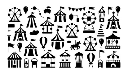 Carnival festival icons collection with ferris wheel carousel circus tents and amusement park ride elements. © MDABDUR
