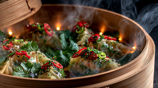 Steaming asian dumplings garnished with chili and herbs in bamboo steamer, dumplings