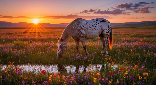 Golden Hour Grace: A dappled steed drinks at dawn's tranquil pool, bathed in a painted sky.