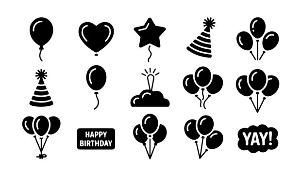 Birthday celebration icon set with black balloons heart shape stars party hats and yay speech bubble sign.