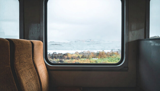 Cinematic melancholic shot inside empty vintage train car looking out window at blurry ocean landscape