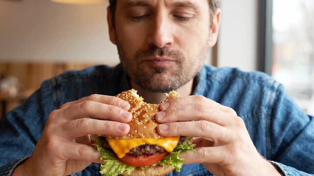 Hungry man enjoying a large beef burger with cheese and lettuce