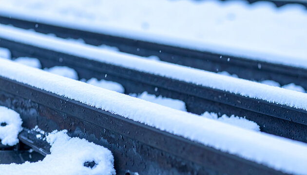 Macro photography of cold steel railway tracks covered with a layer of fresh white snow in winter
