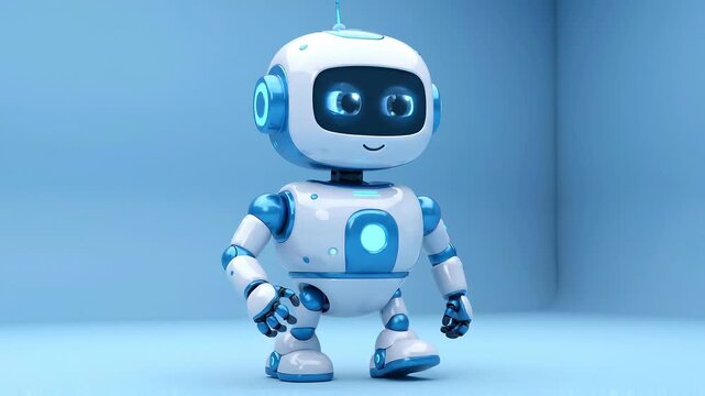 Cute white and blue robot walking on a blue background