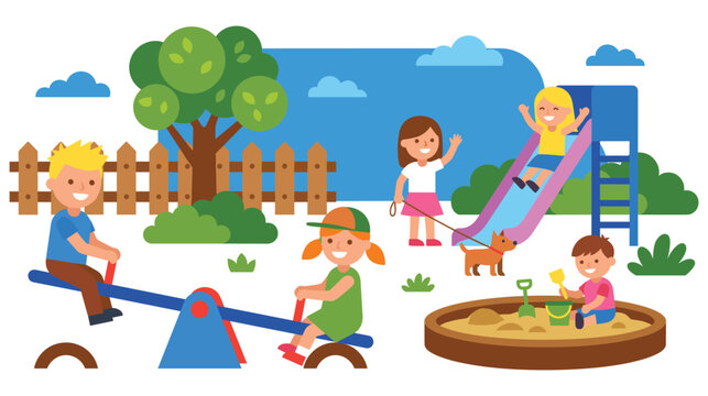 Kids playing in colorful playground featuring slide seesaw and sandbox flat vector style.