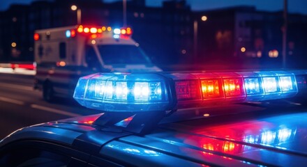 Fototapeta premium Emergency Vehicle Lights Flashing at Night Scene.