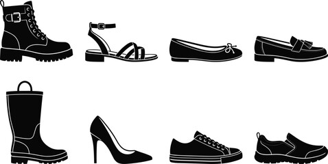 Fototapeta premium Women's Footwear Silhouette Collection with Boots Sneakers Heels Sandals and Casual Shoes Vector Set