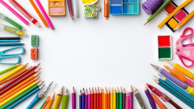 Bright colorful school supplies arranged in a frame on white background, back to school education concept, flat lay top view with pencils, crayons, markers, ruler and classroom essentials for learning