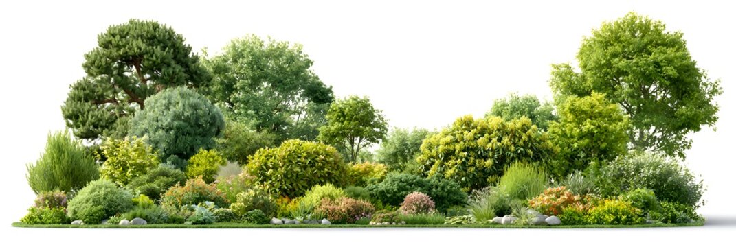 Lush green garden landscaping with a variety of trees, shrubs, and flowering plants on a white background