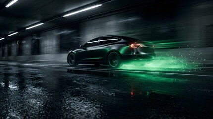 Fototapeta premium Black electric car driving fast through a city tunnel with green light