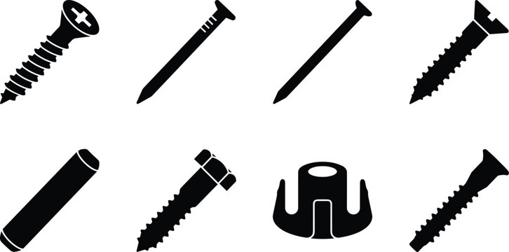 Construction Fasteners and Hardware Silhouette Set with Screws Nails Bolt Anchor and Rivet Icons
