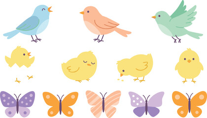 Fototapeta premium Cute Bird and Butterfly Collection with Baby Chicks Songbirds Colorful Butterflies and Spring Nature Vector Illustration Set