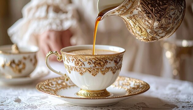 豪華なカップアンドソーサにコーヒーを注ぐ　pouring coffee into a gorgeous cup and soucer