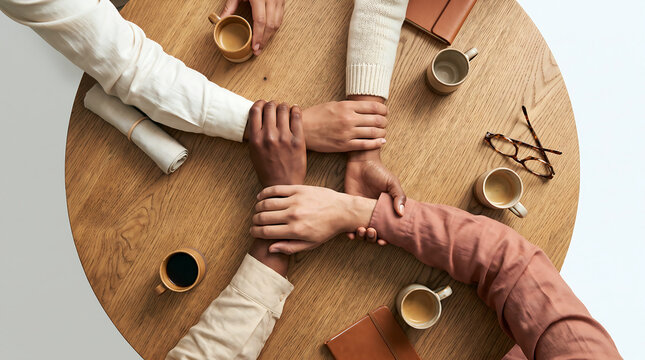 Diverse friends joining hands together at round wooden