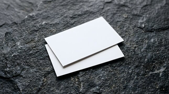 Two blank white business cards on a dark grey textured stone surface, ready for customization.