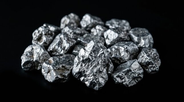Raw platinum ore nuggets isolated on a black background.
