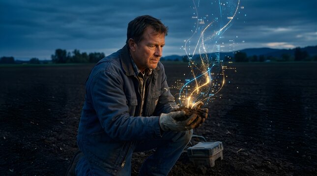 Farmer holding soil with digital data visualization in a rural field at dusk