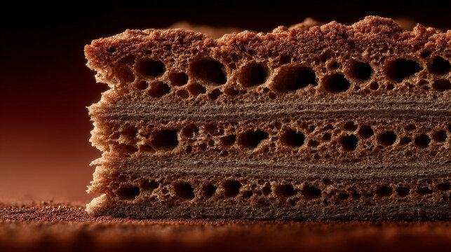 Close-up of porous chocolate sponge cake slice layer texture background with chocolate, delicious