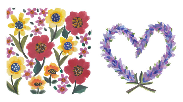Floral and Lavender Heart Elements Set