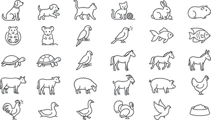 Obraz premium Pets and Domestic Farm Animals Outline Icon Set with Dog Cat Livestock Poultry and Veterinary Care Symbols