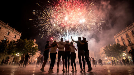 Naklejka premium Group of friends watching vibrant fireworks display