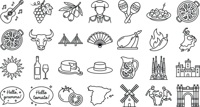 Spain culture and travel line icon set vector spanish food architecture landmarks tradition map doodle outline collection