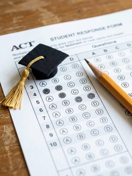 ACT Standardized Test Answer Sheet with Pencil and Miniature Graduation Cap on Wooden Table for College Admissions Concept