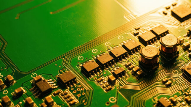Electronic circuit board with battery components and intricate copper pathways creating technical close up