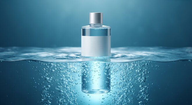 Refreshing product shot of a clear micellar cleansing water bottle submerged halfway in cool, rippling blue water with rising champagne-like air bubbles, dramatic under-lighting, crystal-clear aquatic