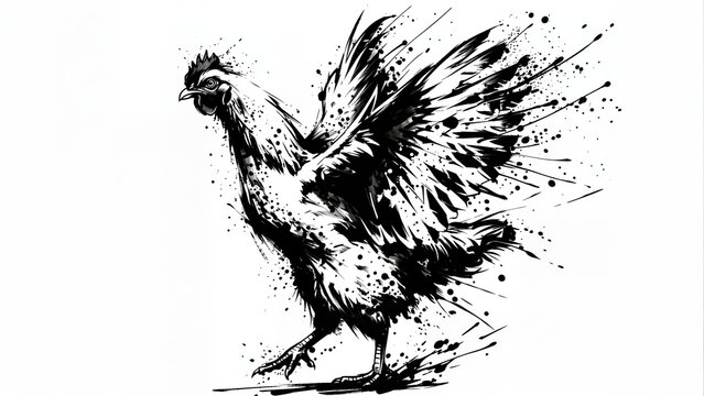 Artistic Poultry Illustration Ink Splatter,  Monochrome ink rooster with spread wings on white background