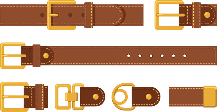 Brown Leather Belt and Golden Metal Buckle Vector Set with Stitched Straps and Fasteners for Fashion Accessories Design Elements