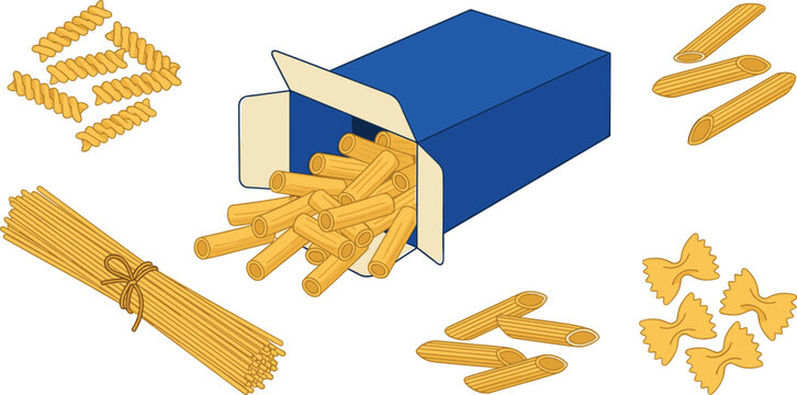 Italian pasta set vector illustration isolated on white background cardboard box penne fusilli spaghetti farfalle collection
