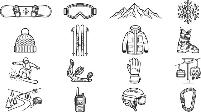 Winter sports vector icon set featuring snowboarding skiing mountains winter gear apparel equipment outdoor adventure active holiday lifestyle