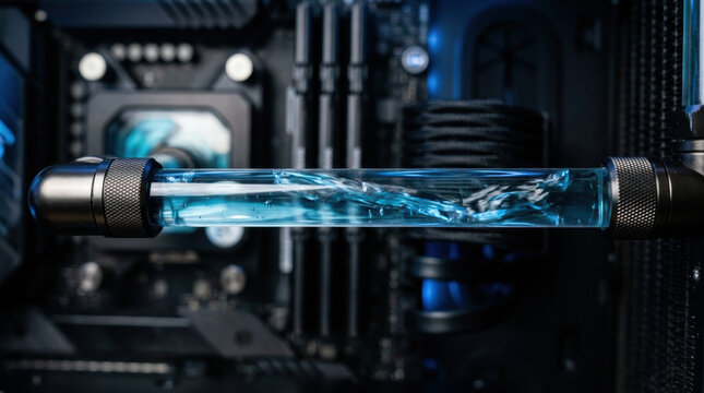 Generative ai investment water cooling tube with blue liquid inside modern computer case