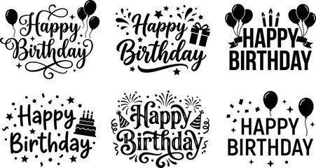 Fototapeta premium Happy birthday lettering badges vector set with black text quotes balloons gift boxes cakes festive typography collection