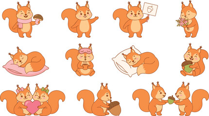 Obraz premium Cute Squirrel Cartoon Character Sticker Set in Various Poses Holding Acorn, Mushroom, Flowers, and Sleeping on Pillow for Autumn Children Graphic Vector Designs