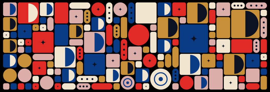 Abstract geometric background with colorful rounded squares, circles, and semicircles in a mosaic pattern, vibrant modern flat design composition