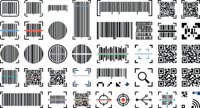 Universal Barcode and QR Code Sticker Pack with Scan Laser Target Data Matrix and Product Label Elements for Inventory Tracking Shipping and Retail Identification Systems